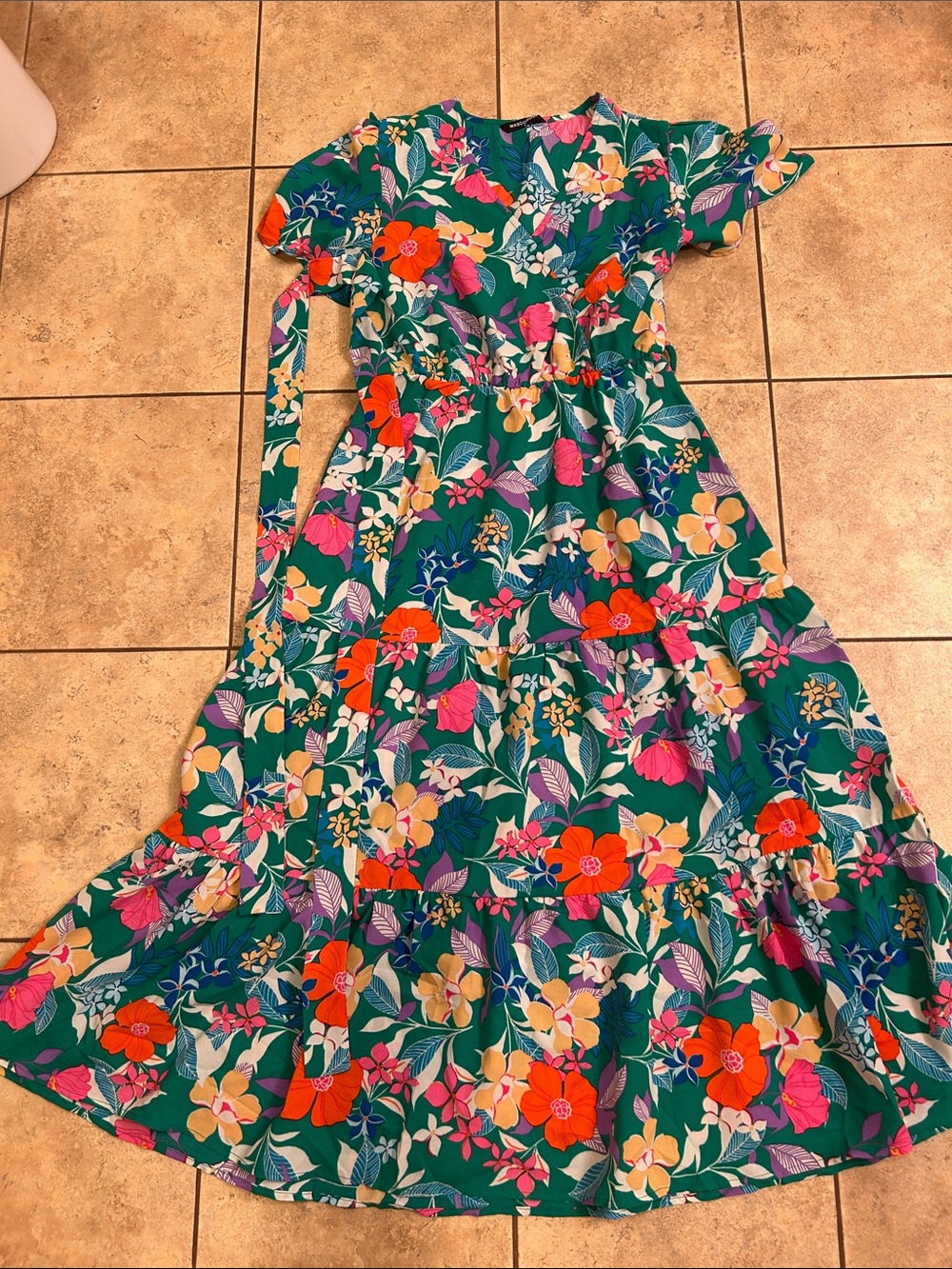 Green Floral Maxi Dress with Bright Multicolor Flowers